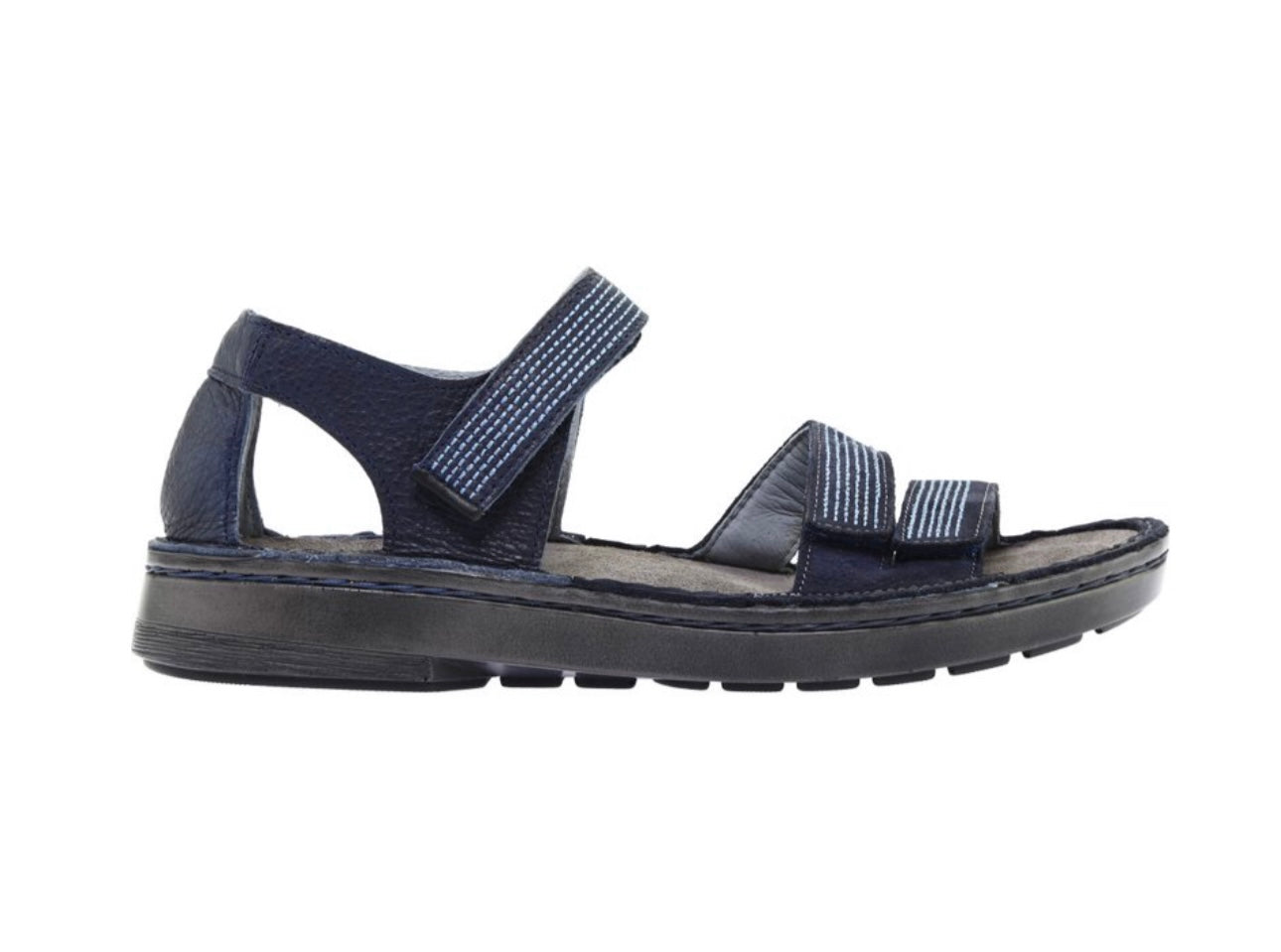 Naot Amarante Ink Leather Navy Mid Blue Velvet Jet Black Nubuck Leather 3 Strap Velcro Sandal Made In Israel