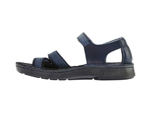 Naot Amarante Ink Leather Navy Mid Blue Velvet Jet Black Nubuck Leather 3 Strap Velcro Sandal Made In Israel