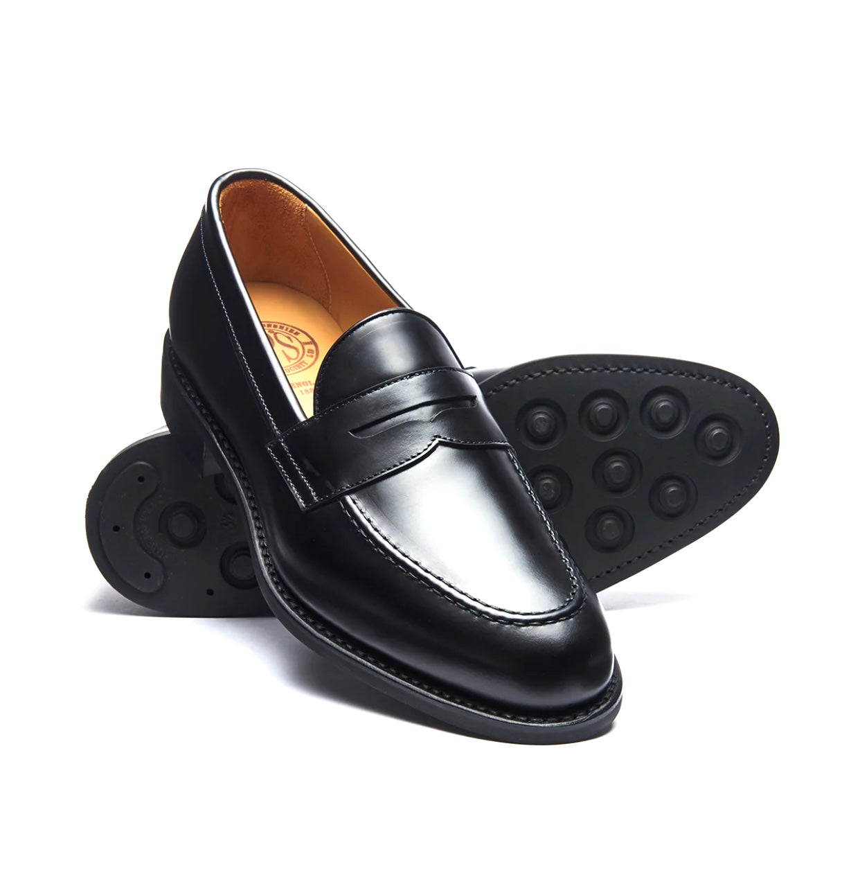 Solovair Penny Loafer Black Hi-Shine Leather Dainite Rubber Sole Made In England