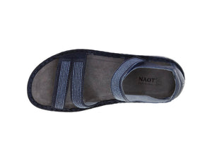 Naot Amarante Ink Leather Navy Mid Blue Velvet Jet Black Nubuck Leather 3 Strap Velcro Sandal Made In Israel