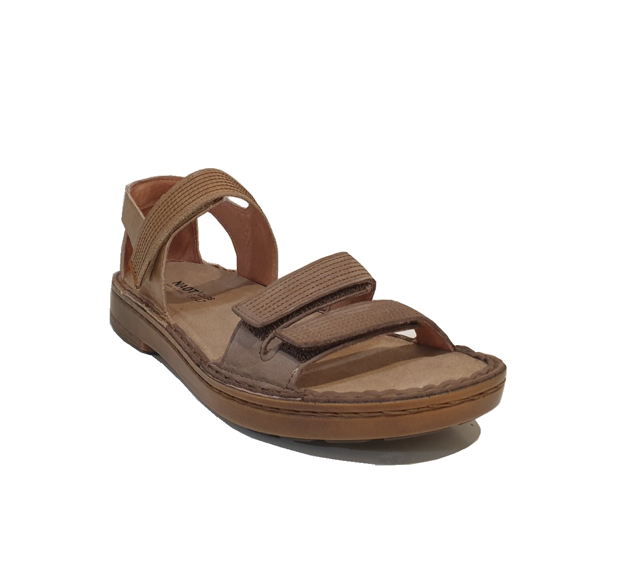 Naot Amarante Shiitake Tan Combo Amber Nubuck Leather 3 Strap Velcro Sandal Made In Israel