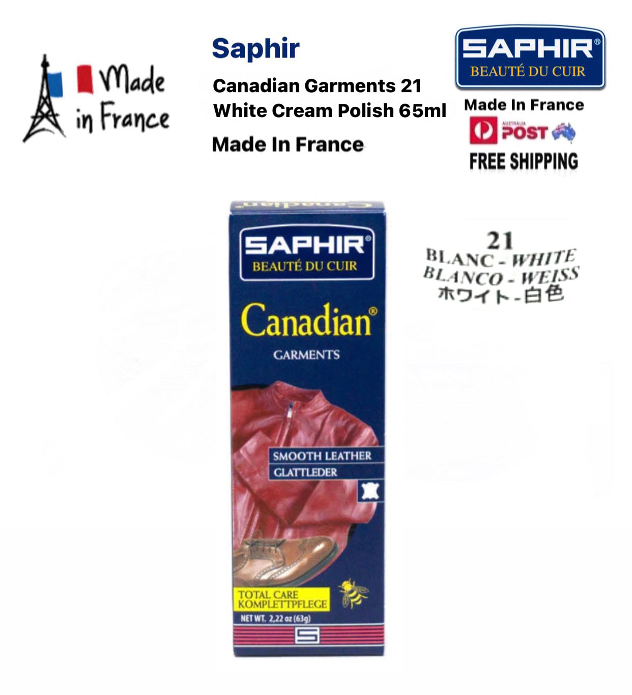 Saphir Canadian Garments 21 White Blanc Cream Polish 65ml Made In France