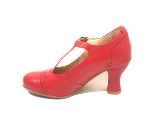 Rock n’ Dot 9474 Bettie All Rosso Red Leather T-Bar Court Shoe Made In Portugal