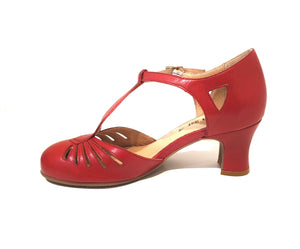 Rock n’ Dot 8540 Linda All Rosso Red Leather T-Bar Court Shoe Made In Portugal