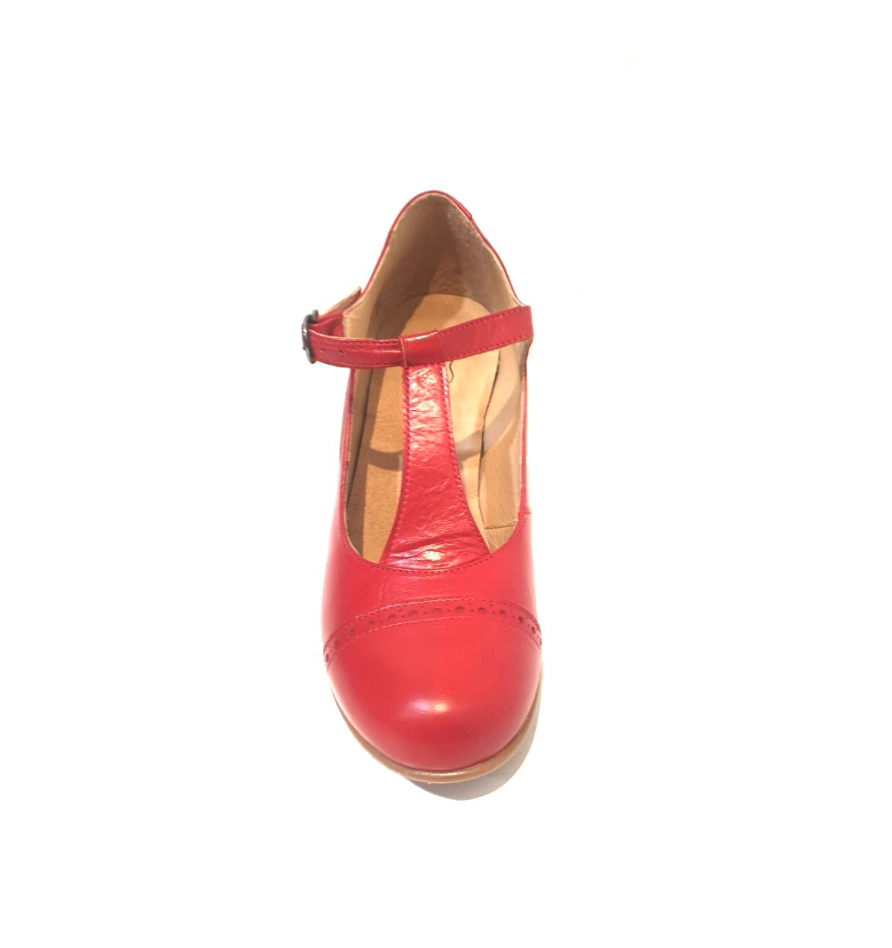 Rock n’ Dot 9474 Bettie All Rosso Red Leather T-Bar Court Shoe Made In Portugal