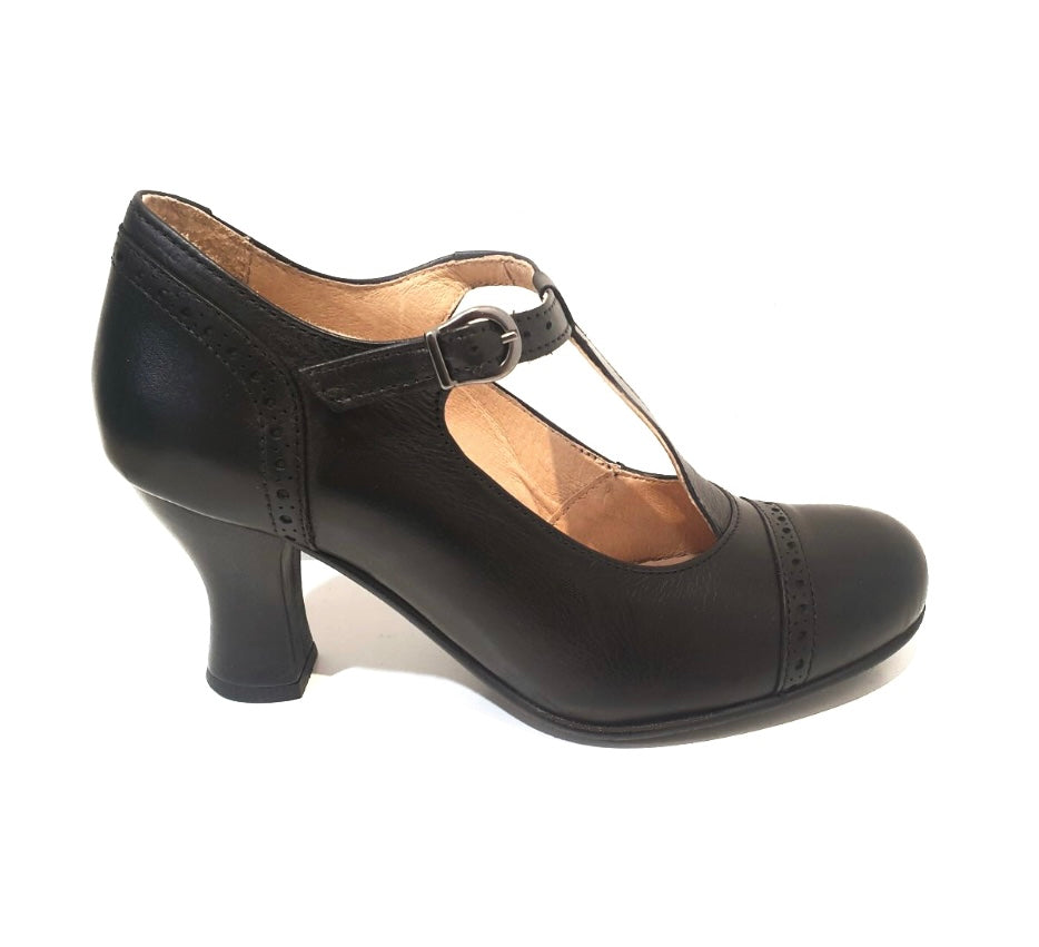 Rock n’ Dot 9474 Bettie All Black Leather T-Bar Court Shoe Made In Portugal