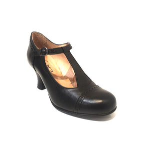 Rock n’ Dot 9474 Bettie All Black Leather T-Bar Court Shoe Made In Portugal