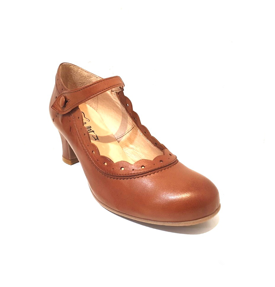 Rock n’ Dot 9847 Dorothy Cognac Light Tan Leather Button Court Shoe Made In Portugal