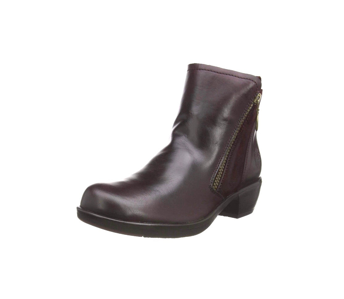 Fly London Meli Wine Leather Zip Ankle Boot Made In Portugal
