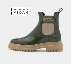 Lemon Jelly Flow 02 Military Green Chelsea Ankle Vegan Rain Boots Made In Portugal