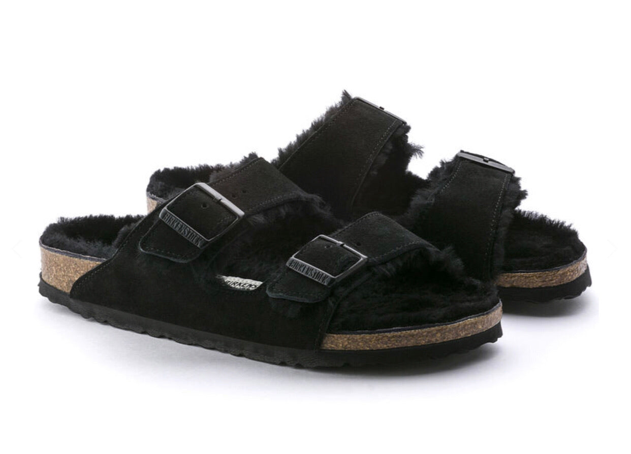 Birkenstock Arizona Fur Black Shearling Suede Leather Made In Germany