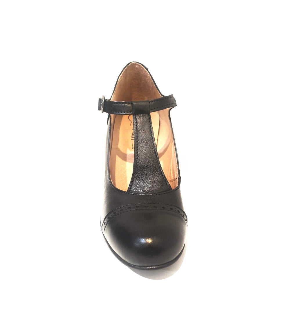 Rock n’ Dot 9474 Bettie All Black Leather T-Bar Court Shoe Made In Portugal
