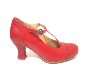 Rock n’ Dot 9474 Bettie All Rosso Red Leather T-Bar Court Shoe Made In Portugal