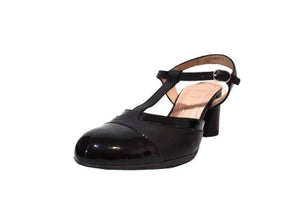 Wonders I-6804 Black Negro Patent Leather T-Bar Court Shoe Made In Spain